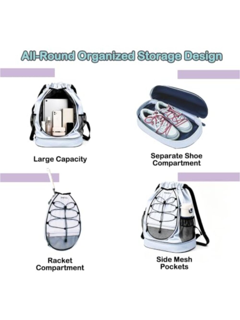 Ultra-Lightweight Drawstring Backpack 2 Racket Slots Ventilated Shoe Pocket - Picture 3 of 5